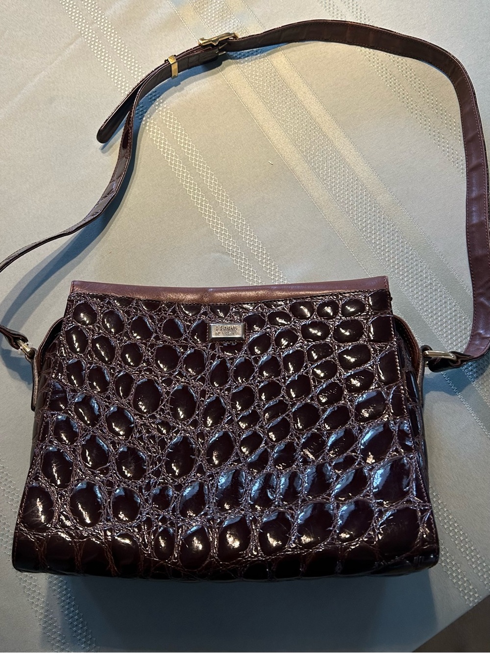 Vintage Gianfranco Ferre Patent Faux-Croc Shoulder Bag - Dark Brown